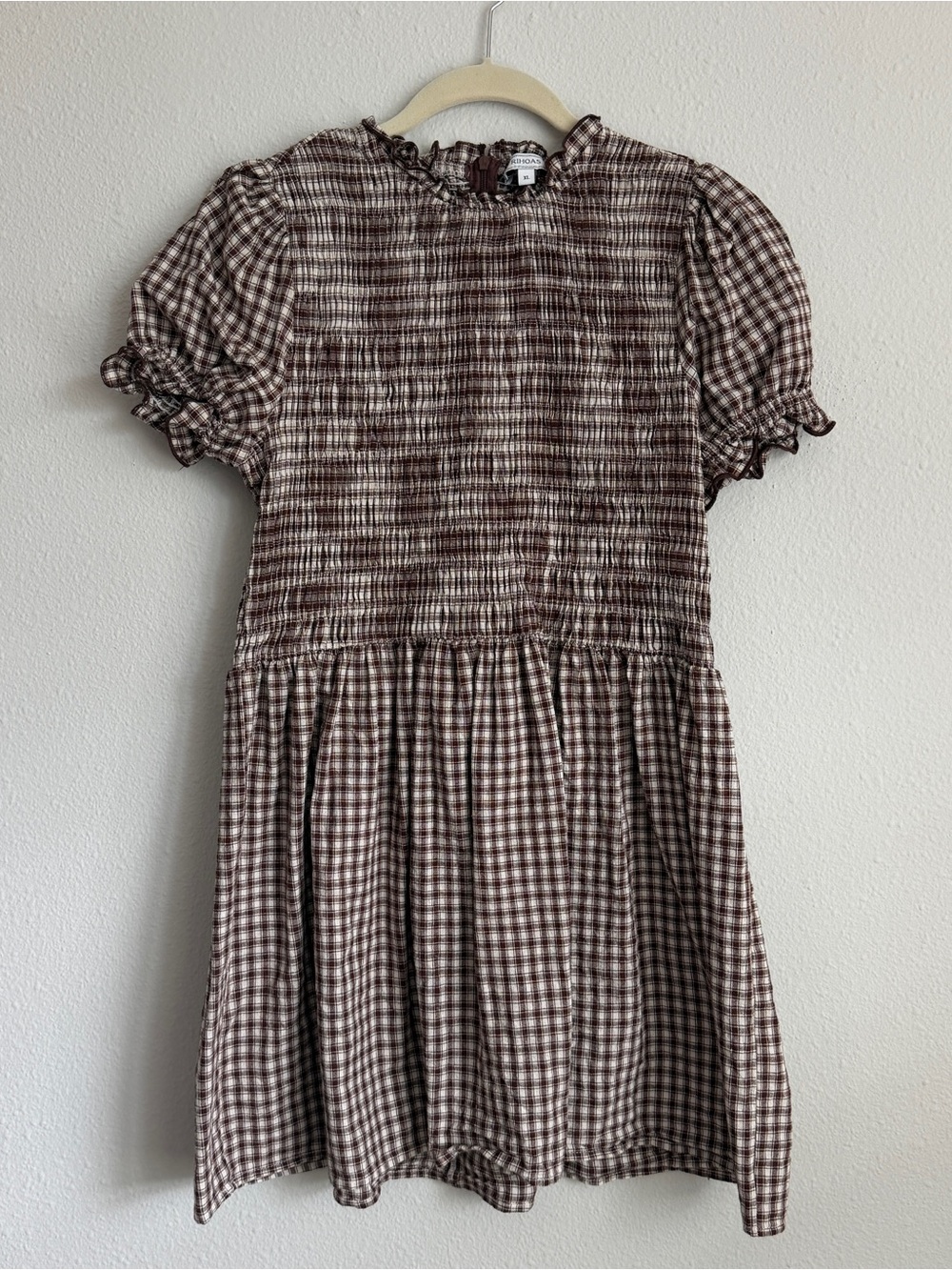 RIHOAS Brown and White Gingham Smocked Short Sleeved Mini Dress Tiktok Viral